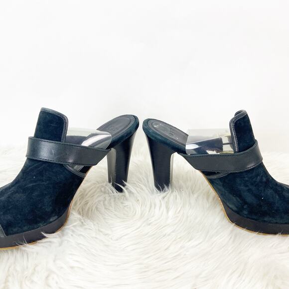 Ugg 8.5 Womens Black Suede Leather Karlee Slide Mule Stack Heels Peep Toe Buckle - Picture 8 of 12